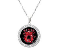 Queen of Hearts Playing Cards Pendant Necklace Round Diamond Necklace Silver-Color Jewelry Charms for Women