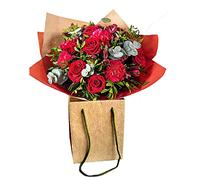 Queen of Roses Fresh Bouquet with Red Roses, Carnations, Eucalyptus in Eco Gift Bag for Romantic Love, Admiration, Respect, Birthday Celebration, Indoor party Decor, Flower Delivery Occasions