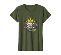Queen of The Couch: Regal Relaxation Funny Lounge T-Shirt, Women, Olive, XS
