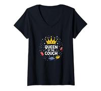 Queen of The Couch: Regal Relaxation Funny Lounge V-Neck T-Shirt, Women, Black, XXL