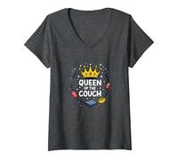 Queen of The Couch: Regal Relaxation Funny Lounge V-Neck T-Shirt, Women, Dark Heather Grey, L