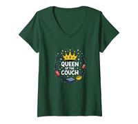 Queen of The Couch: Regal Relaxation Funny Lounge V-Neck T-Shirt, Women, Forest Green, S