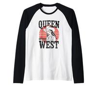 Queen of The West Cowgirl Silhouette Sunset Raglan Baseball Tee