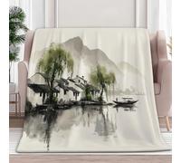 Queen Personalised blanket Unique Gifts for Mum, Ink Painting Mountains Weeping Willows Soft Flannel Printed Throw Blanket for Bedding Sofa and Travel, Cream