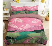Queen Pink Reversible Duvet Cover Evening Sky Mountains Green Grass Lakeside Flowers Machine Washable Bedding Anime Healing Decorative Bedding Dreamy Cartoon Cute Ultra-soft for Girls Adults