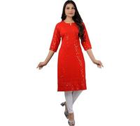 QUEEN SHIELD Indian Embroidered Kurti for Women Chikankari Rayon Cotton Long Kurti's Tunic Kurta Dresses for Women, Carrot Pink