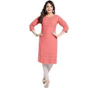 QUEEN SHIELD Indian Embroidered Kurti for Women Chikankari Rayon Cotton Long Kurti's Tunic Kurta Dresses for Women, Carrot Pink