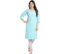 QUEEN SHIELD Indian Embroidered Kurti for Women Chikankari Rayon Cotton Long Kurti's Tunic Kurta Dresses for Women, Sky Blue