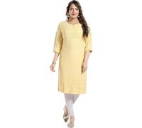 QUEEN SHIELD Indian Embroidered Kurti for Women Chikankari Rayon Cotton Long Kurti's Tunic Kurta Dresses for Women, Yellow
