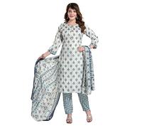 QUEEN SHIELD Salwar Kameez Suit with Dupatta Women's Ready to Wear Chanderi Printed Straight Kurta Pant and Dupatta Indian Dresses for Women (36Cream051)