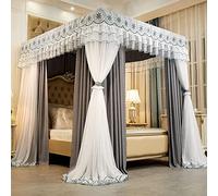Queen Size Bed Canopy Net Curtain, Double Layer Floor Standing Four Poster Canopy with Blackout Fabric, Luxury Princess Room Decor