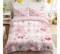 Queen Size Bedding Sets, Soft Microfiber Reversible Playful Delicate Butterflies Floral Cherry Chequered Duvet Cover 102" x 87" with 2 Pillowcases Countryside Cottage Quilt Cover for Kid and Adult