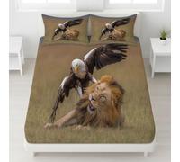 Queen Size Fitted Sheet - 152 x 200 cm Bedspread Close-Up Lion Bird Hunting Deep Pocket, Soft Microfibre, Wrinkle-Free, Easy Care, Fade & Shrink Resistant - Khaki Bedspread