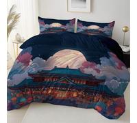 Queen Size Microfiber Duvet Cover Double with 2 Pillowcases Tradition Palace Moon Clouds soft Hypoallergenic Duvet Cover - With Zipper Closure Comfy Breathable Gray Blue Bedding Sets