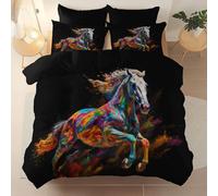Queen Size Printed Duvet Cover Sets with 2 Pillowcases - Soft Black Brushed Microfiber Quilt Cover, Dynamic Animals White Horse Reversible Pattern Bedding for Comfort Sleep