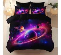 Queen Size Printed Duvet Cover Sets with 2 Pillowcases - Soft Black Brushed Microfiber Quilt Cover, Fantasy Universe Planets Reversible Pattern Bedding for Comfort Sleep