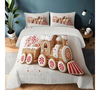 Queen Size Printed Duvet, Cute 3D Christmas Train Pattern Washable Quilt 3 Piece with 2 Pillowcases 50 x 75 cm, White Reversible Warm and Anti Allergy All Season Coverless Duvet 200 x 200 cm