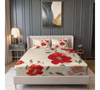 Queen Size Soft Fitted Sheet Machine Washable, 30cm/12" Extra Deep Pocket Cream Red Bed Sheets, Chinese Painting Poppies Printed Microfibre Bed Bedding Set with No Pilling No Shrinkage