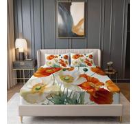 Queen Size Soft Fitted Sheet Machine Washable, 30cm/12" Extra Deep Pocket White Orange Bed Sheets, Florals Watercolor Poppies Printed Microfibre Bed Bedding Set with No Pilling No Shrinkage