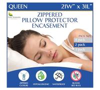 Queen Size Waterproof Pillow Protectors (Set of 2) - Zippered Hypoallergenic Pillowcase Cover Allergen Dust Proof Encasement