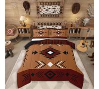Queen Size Western Aztec Bedding Set, Native American Navajo Comforter Set for Boys Adult Teens Men, Southwestern Geometric Duvet Insert Ethnic American Native Quilt Rustic Farmhouse Decor, Brown