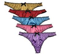 Queen Star Pack of 5 Women's Silky Satin Thongs Knickers Frilly G-String Panties Lingerie Underwear