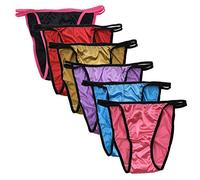 Queen Star Pack of 6 Women's Satin Tanga Bikini Briefs Knickers High Cut String Panties Underwear (S)
