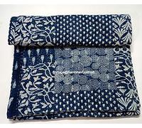 Queen/Twin/King Multi Indigo Blue Cotton Kantha Quilt Handmade Indian Bedspread Hand Block Print Natural Color Vegetable Dye Indigo Print Indigo Bed Cover Hand Throw (108X108 Inch with Pillow Cover)
