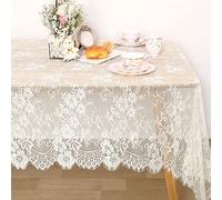 QueenDream 60x120 Inch Ivory Lace Tablecloth Overlay Vintage Embroidered Lace Fabric Rectangular Spring Wedding Table Cloth for Summer Outdoor Party Reception Home Decor