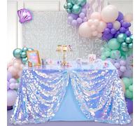 QueenDream Blue Sequin Tablelcoth for Party - 51x47 inch Iridescent Fabric Sparkly Blue Table Cloth for Mermaid Birthday Party Decorations
