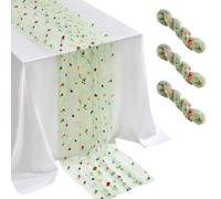 QueenDream Flower Tulle Table Runner 10FT Sage Green Gauze Table Runner with Embroidery Daisy Rustic Vintage Fabric 3 Packs
