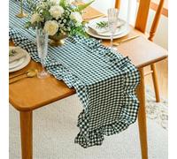 QueenDream Gingham Ruffle Table Runner 118" x 14" Rectangle Dark Green Scalloped Runner for Tea Party Pinic Wedding Birthday Decortaions