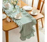 QueenDream Green Gingham Ruffle Table Runner 118 x 14 Inches Farmhouse Plaid Scalloped Table Runners for Rectangle Home Kitchen Dining Room Wedding Table Decor