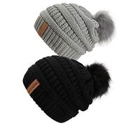 QUEENFUR Women Knit Slouchy Beanie Chunky Baggy Hat with Faux Fur Pompom Winter Soft Warm Ski Cap, B2-black/Soft Grey 2pack, L