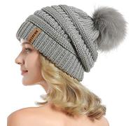 QUEENFUR Women Knit Slouchy Beanie Chunky Baggy Hat with Faux Fur Pompom Winter Soft Warm Ski Cap, B3-soft Grey, L