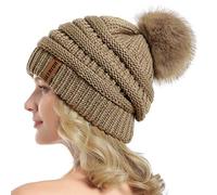 QUEENFUR Women Knit Slouchy Beanie Chunky Baggy Hat with Faux Fur Pompom Winter Soft Warm Ski Cap, B7-khaki, L