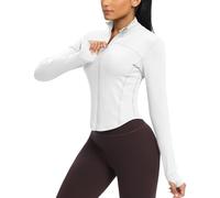 QUEENIEKE Women's Cropped Running Jackets - Zip Up Lightweight Athletic Yoga Gym Tops BBL Jacket with Thumb Holes (White, Medium)