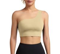 QUEENIEKE Womens One Shoulder Sports Bra Workout Strap Yoga Bras Cute Medium Support Tops, #2-Beige, M