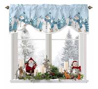 QueenKer Merry Christmas Tie Up Window Valances for Kitchen Winter Blue Snowman Christmas Tree Short Topper for Small Windows Rod Pocket Curtain Valances for Bedroom Living Room 42" x 12"