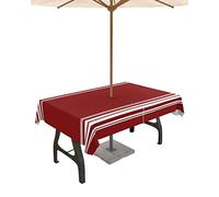 QueenKer Outdoor Tablecloth with Umbrella Hole, Farmhouse Wine Red White Stripe Rectangle Tables Waterproof Tabletop Collection for Patio, Garden, Picnic, Camping, Dining 60 x 102 inch
