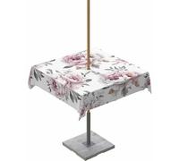 QueenKer Pink Flowers Outdoor Tablecloth with Umbrella Hole and Zipper 54" Square Table Cover Watercolor Peony Leaves Ink Art Waterproof Tabletop Collection for Patio Garden Picnic Camping