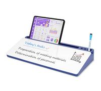 QUEENLINK Glass Desktop Whiteboard with Storage, Small Dry Erase Board with Drawers Desk Whiteboard with Stand Computer Keyboard Stand Organizer for Office Desk Accessories (White and Blue)