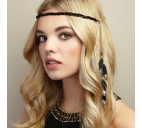 QueenMee Accessories Boho Headband with Feathers and Glitter in Black
