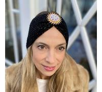 QueenMee Accessories Ear Warmer Headband Winter Headband with Removable Brooch in Organic Cotton Lurex Sustainal - Navy with Gold