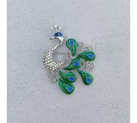 QueenMee Accessories Peacock Brooch with Enamel and Crystal - Silver