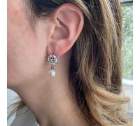 QueenMee Accessories Pearl Drop Earrings in Silver Floral Diamante