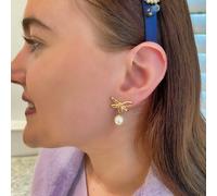 QueenMee Accessories Pearl Drop Earrings with Gold Bow