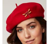 QueenMee Accessories Red Beret with Dragonfly Brooch Red Hat Vintage Inspired