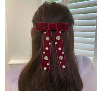 QueenMee Accessories Velvet Bow Hair Clip in Red with Jewels