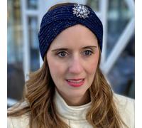 QueenMee Accessories Winter Headband Navy with Pearl Brooch in Organic Cotton Lurex Sustainable